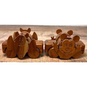 Vintage Hand-Carved Wooden Mickey & Bat 2 Piece Train 4''